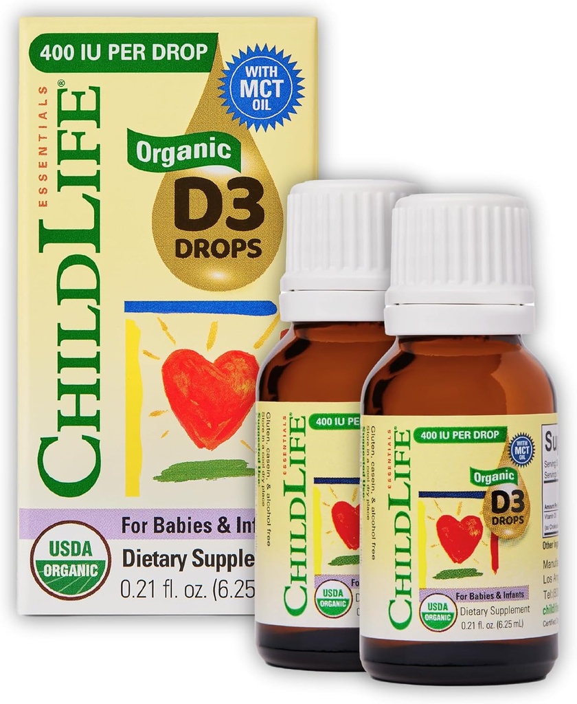 CHILDLIFE ESSENTIALS Bio Vitamin D3 Tropfen für Infants & Newborns - Baby Vitamin D Tropfen, 400 IU pro Flüssigkeitstropfen, Immun- & Knochen Gesundheitsunterstützung, USDA Organic, Flavorless - 0,21 Fl Oz (2 Packung)