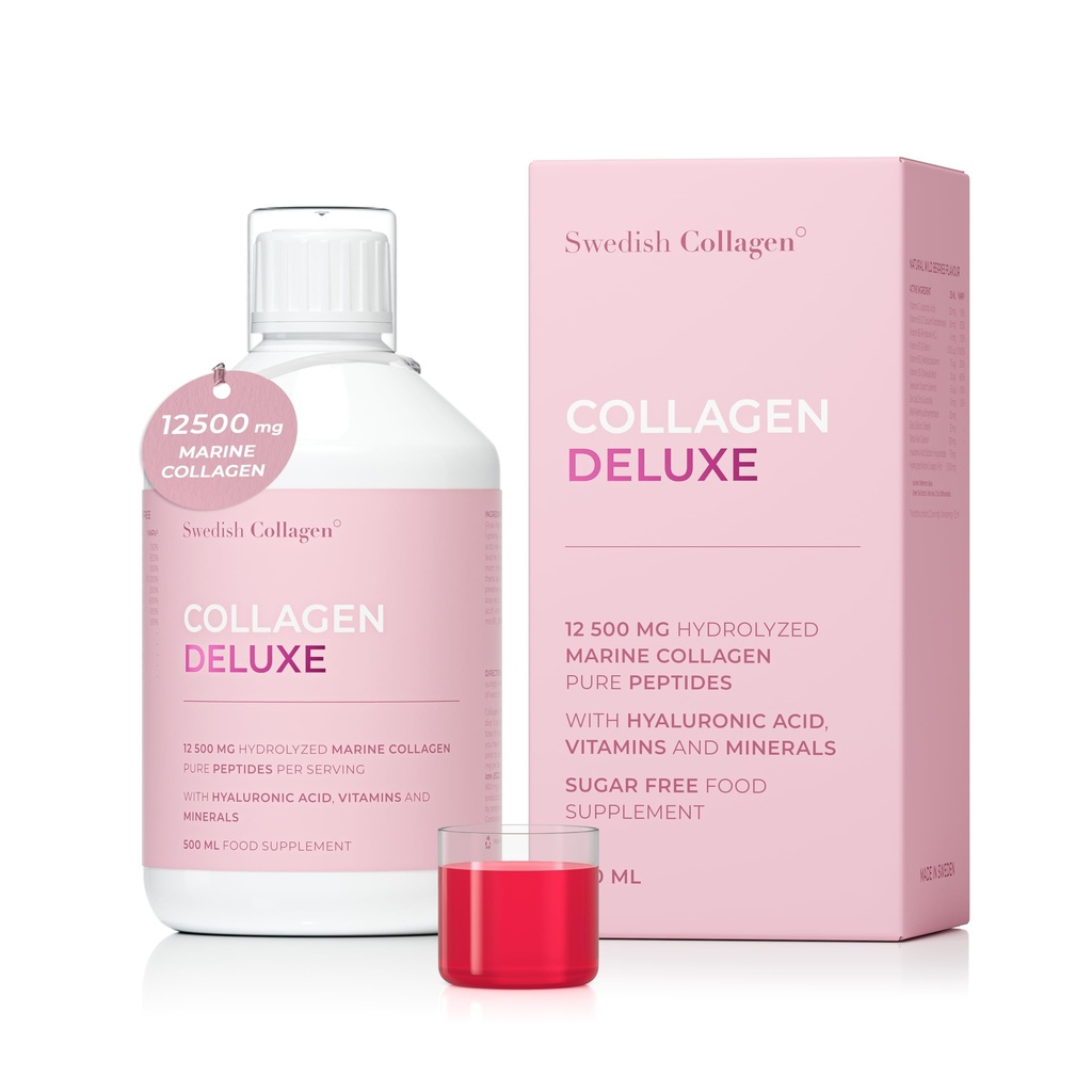 Swedish Collagen Deluxe | 12.500 mg Hydrolyzed Marine Collagen Liquid Supplement - 500 ml, 20 Tage Versorgung | Hyaluronsäure, Biotin und Vitamin C, um gesundes Haar, Haut, Nägel | Sugar-Free zu unterstützen