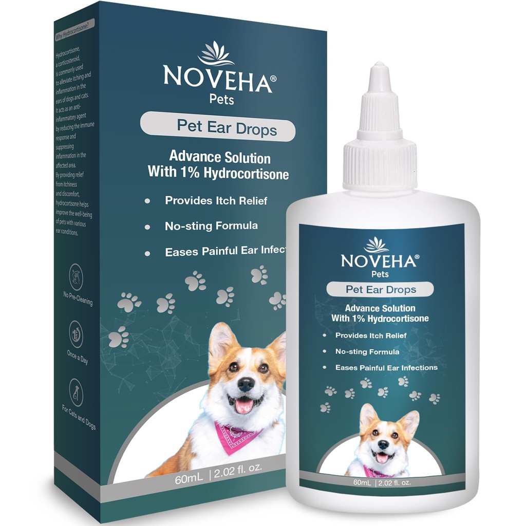 NOVÉHA gouttes d'oreilles pour animaux avec 1% Hydrocortisone.