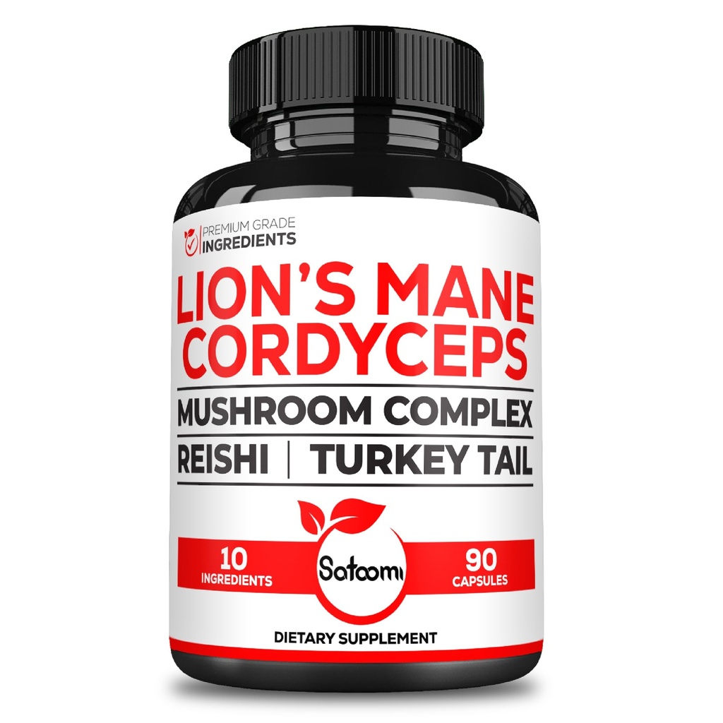 Satoomi 10in1 Cordyceps Mushroom Supplement - Blended with Lions Mane, Turkey Tail Mushroom, Reishi Mushroom & Others - 90 Kapseln für 90 Servierbedarf