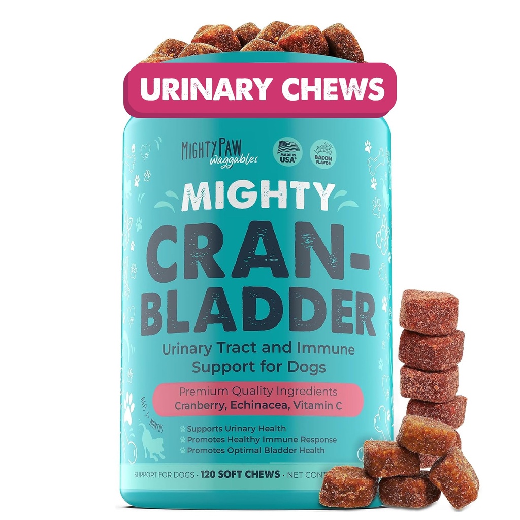 Mighty Paw Waggables Cran-Bladder (Made in den USA) | Vet Formulierte Cranberry-Ergänzung für Hunde – Cranberry Chews für Hunde, Urinary Tract & Bladder-Unterstützung, Bacon Flavored, 120 Soft Chews
