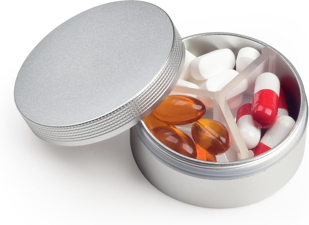 Petit cas de pilule 3 compartiments, boîte de pilules portative ronde en métal, organisateur de pilules de voyage imperméables, porte-vitamines de poche support EDC (argent)