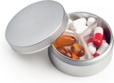 Petit cas de pilule 3 compartiments, boîte de pilules portative ronde en métal, organisateur de pilules de voyage imperméables, porte-vitamines de poche support EDC (argent)