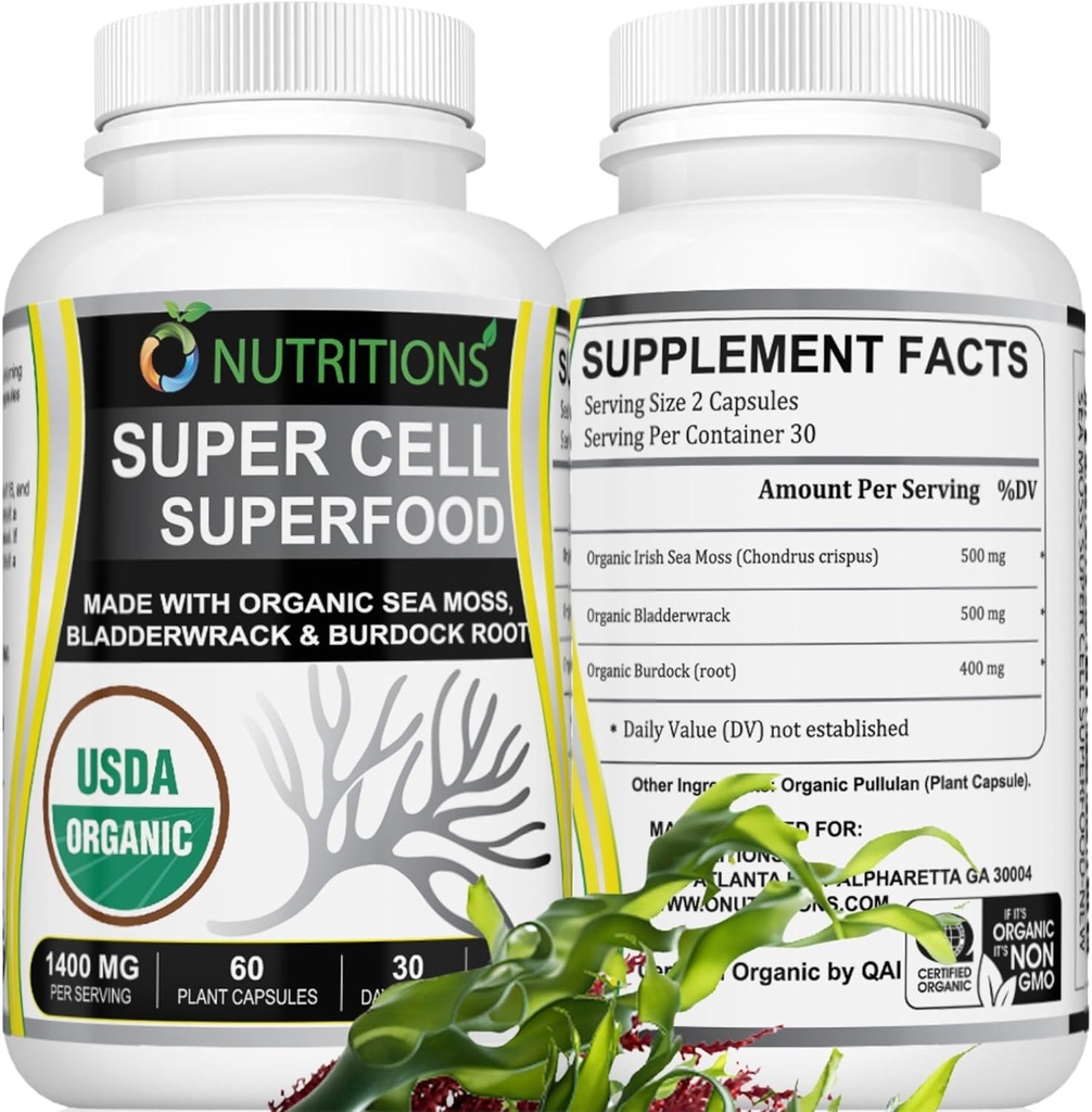 Sea Moss 60 Kapseln USDA Certified Organic Irish Sea Moss Kapseln mit Bladderwrack & Burdock Root – Immununterstützung Ergänzung für Männer und Frauen – Frauen Vitamine und Mens Vitamine (1 Packung)