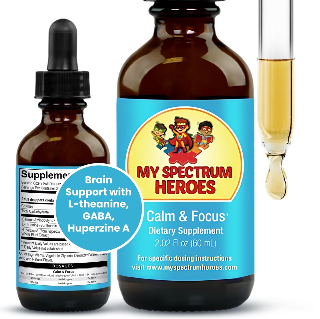 My Spectrum Heroes Calm & Focus Supplement Drops - Brain-Unterstützung mit L-Theanin, GABA, Huperzine A - Enhance Focus für Kinder oder Erwachsene - Boost Concentration for Kids & Teens - 2.02 FL oz. (60 ml)