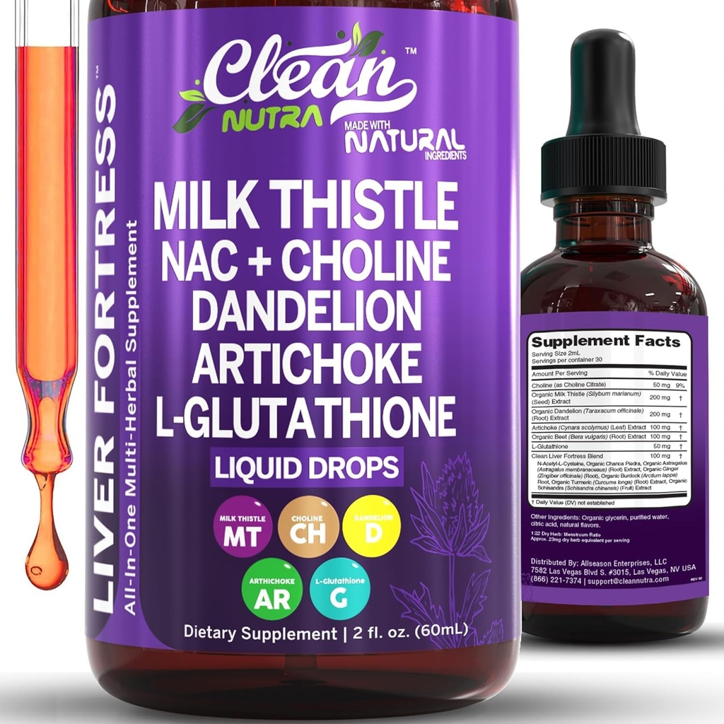 Clean Nutraceuticals Milk Thistle NAC Liver Cleanse Detox & Repair Supplement Liver Unterstützung Flüssigkeitstropfen mit Dandelion Extract, Artichoke, Chanca Piedra, Choline, L-Glutathione, Burdock, Schisandra