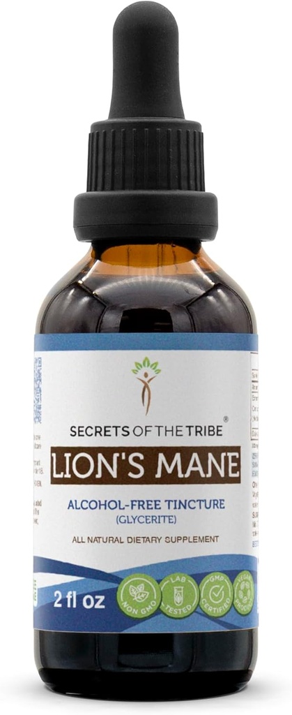 Secrets of the Tribe Lion's Mane Alcohol-Free Tincture Extract, Lion's Mane (Hericium erinaceus) Getrocknete Mushroom Tincture Supplement (2 fl oz)