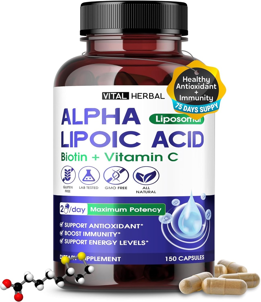 VITAL HERBAL Liposomal Alpha Lipoic Acid mit Biotin, Vitamin C- Maximale Potenz - Unterstützt Immunität, Energie Levels- Made in USA
