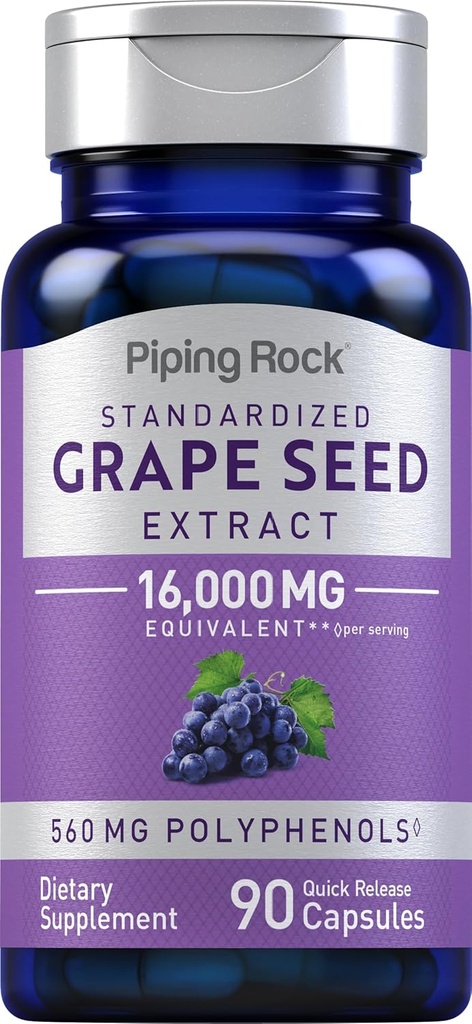 Piping Rock Grape Seed Extract Kapseln | 16,000mg | 90 Pillen | Vitis Vinifera Supplement | Non-GMO, Glutenfrei