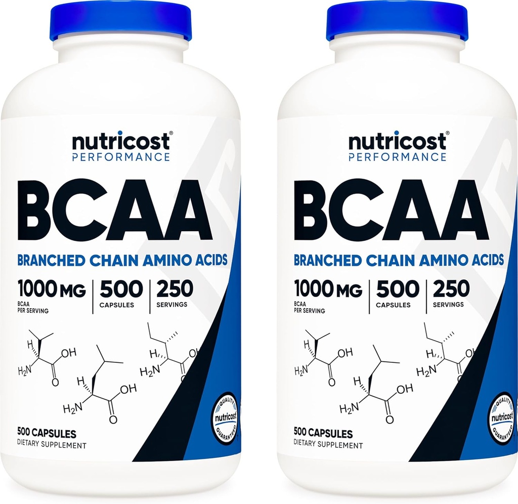 Nutricost BCAA 1000mg, 500 capsules (250 portions), 2:1:1 Acides aminés à chaîne ramifiée (500mg de L-Leucine, 250mg de L-Isoleucine et L-Valine) (2 bouteilles)