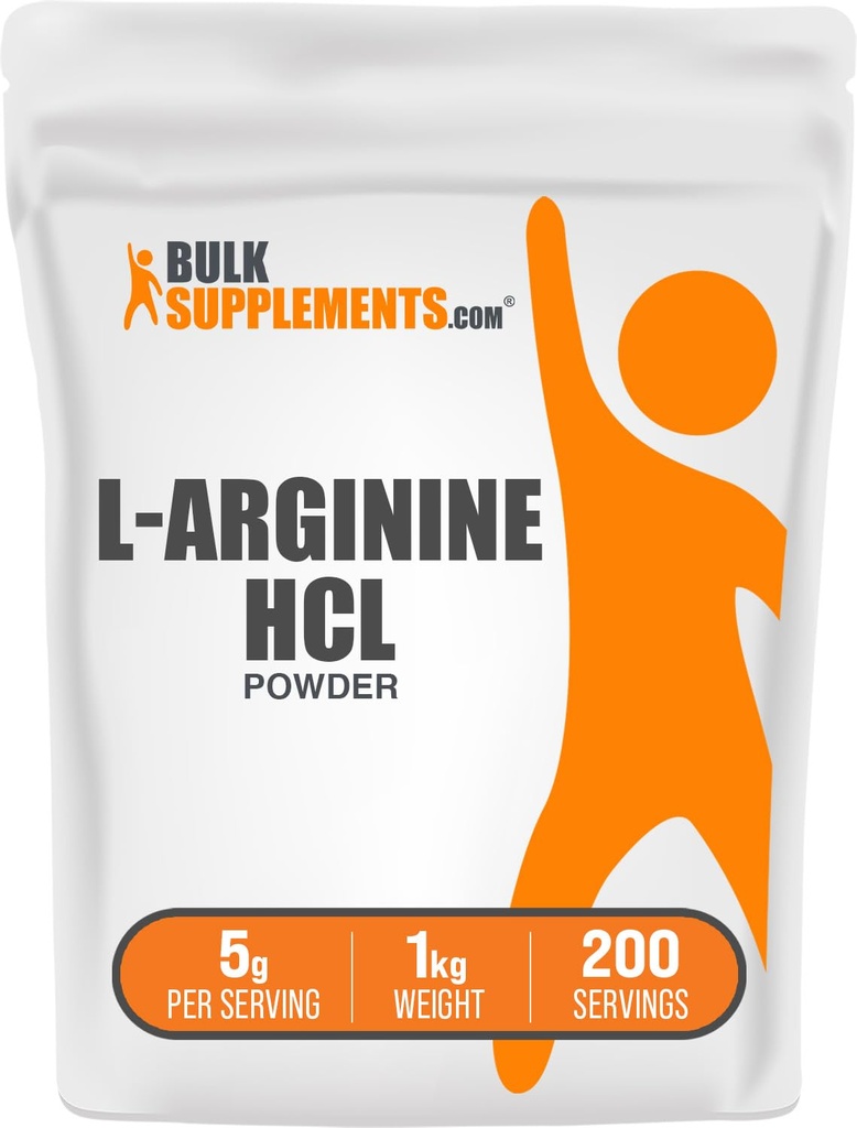 BulkSupplements.com Poudre de HCl L-Arginine - Supplément d'oxyde nitrique, poudre d'arginine - Sans aromatisé et sans gluten, 5g par portion, 1kg (paquet de 5) (11 lb)