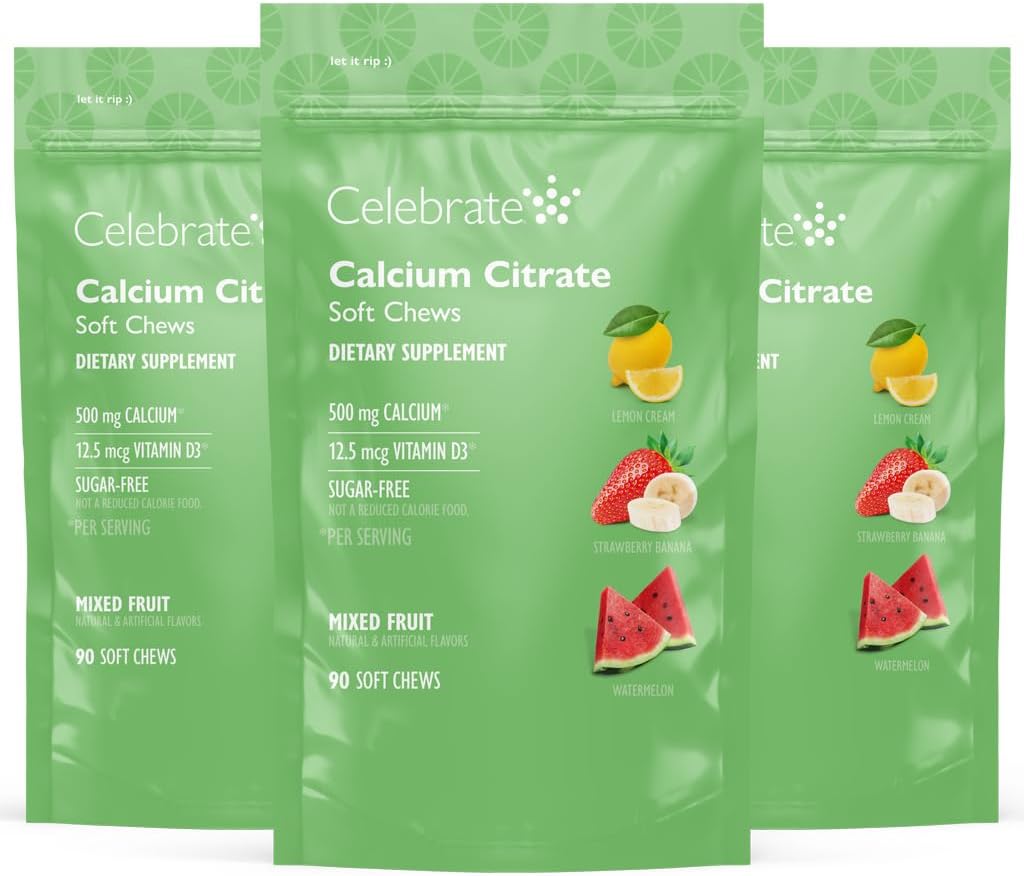 Celebrate Vitamine Bariatric 500mg Calcium Citrate Weichkäse mit 500 IU Vitamin D3 – essentiell für Magen-Bypass-Patienten & Knochengesundheit - Zucker & Glutenfrei, Frucht (270 Kauen)