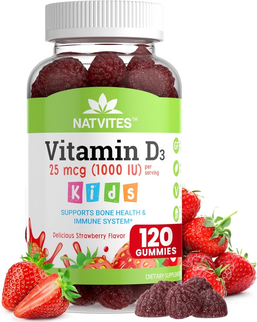 Vitamin D3 Gummi für Kinder - Vitamin D 1000 IU Pectin Gummy - Erdbeeren Flavored - Knochengesundheit und Immununterstützungsergänzung - Non-GMO, Glutenfrei, Vegan, Nut & Molke kostenlos - 120 Count (Pack 1)