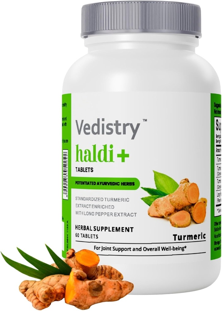 Haldi+ 850mg Comprimés curmériques avec 95% Curcumine et poivre long.