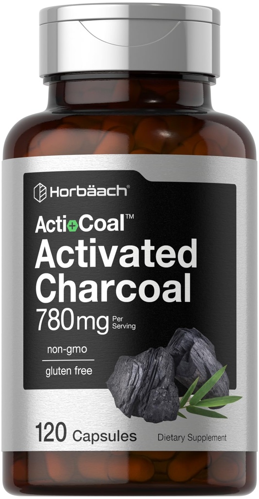 Horbäach Charcoal Pillen 780mg | 120 Kapseln | Aktivkohle aus Kokosnussschalen | Non-GMO und Gluten Free | Acti-Coal