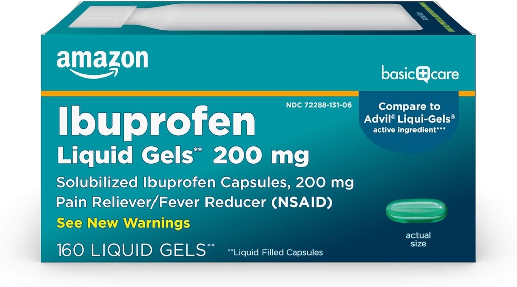 Basic Care Ibuprofen Liquid Gels 200 mg, Schmerzlinderung/Fever Reducer Liquid Filled Capsules, Für Kopfschmerzen, Toothache, Backache, Menstrual Cramps und mehr, 160 Count