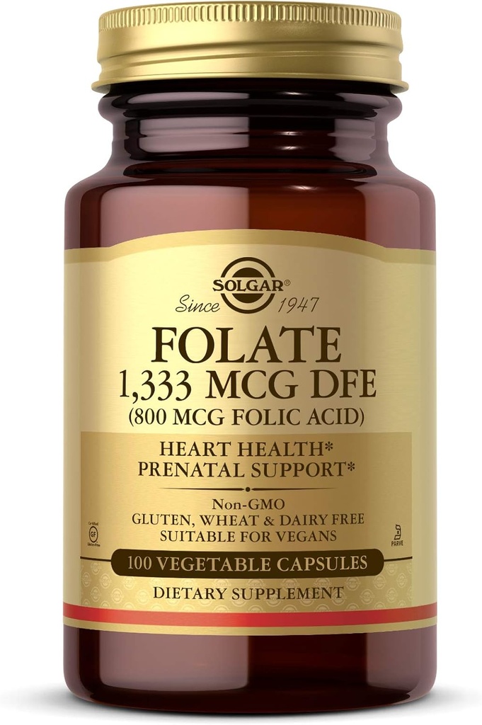 Solgar Folate 1.333 mcg Dietary Folate Equivalent (800 mcg Folsäure), 100 Gemüsekapseln - Herzgesundheit, Gesundes Nervensystem, Pränataler Support - Non-GMO, Vegan, Glutenfrei - 100 Servierungen