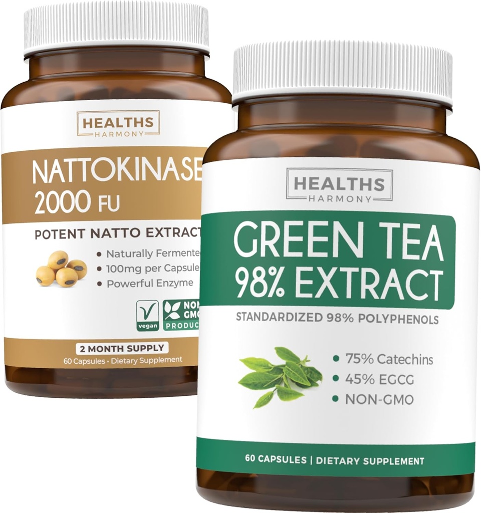 Nattokinase & Grüner Tee (1-Monat-Versorgung) Energie Boost Bundle - Nattokinase 2000 FU Leistungsstarke natürlich vergütete Sojabohnen (60 Caps) & Grüner Tee-Extrakt 98% mit EGCG (Non-GMO) Natürliche Stoffwechsel Boost