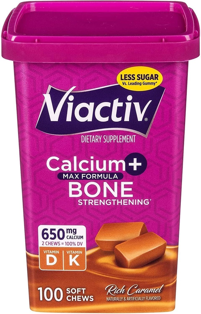 Viactiv Max Formel Kalzium +Vitamin D3 Beilage für Knochengesundheit, Rich Caramel, 100 Soft Chews
