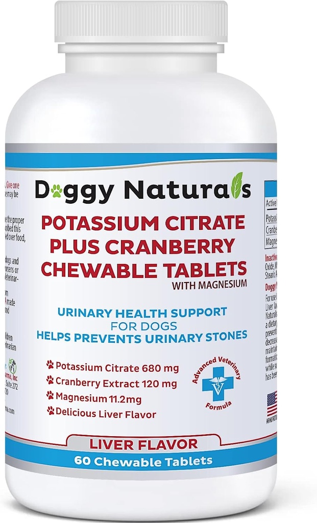 Citrate de potassium plus canneberge avec supplément de magnésium pour chiens (60 comprimés) - Soutien du traîtage urinaire - Aide à la formation de Deter de pierres d'oxyde de calcium-Deters Bladder & Rein Stones(Fabriqué aux États-Unis)