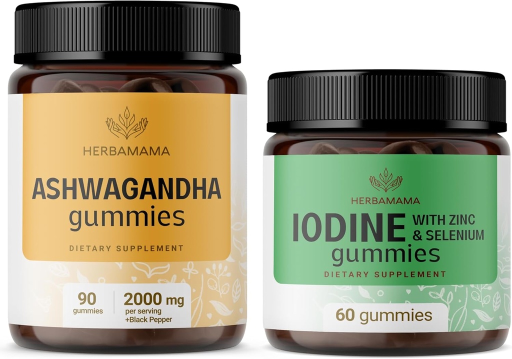 HERBAMAMA Ashwagandha und Iodine Kit - Bundle von 2000 mg Ashwagandha Root & Kalium Iodine, Zink und Selenium Gummies - Vegan, Non-GMO, Gelatin-Free - 2 Pack