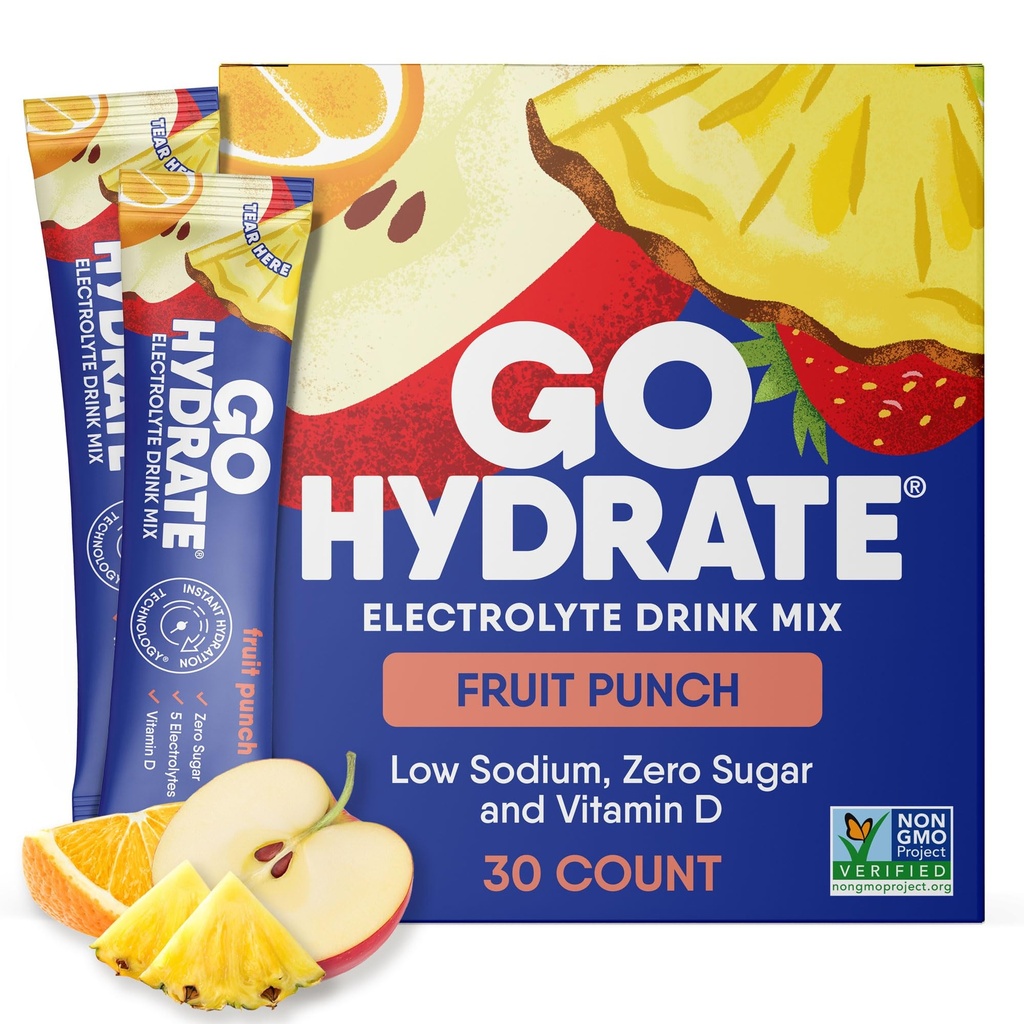 GoHydrate Instant Hydration Powder Packets - Low Sodium Electrolytes Drink Mix - Natürliche Hydration-Unterstützung, Sugar Free Electrolyte Flavored Powder Drink mit Vitamin D, 30 Packs, Fruit Punch