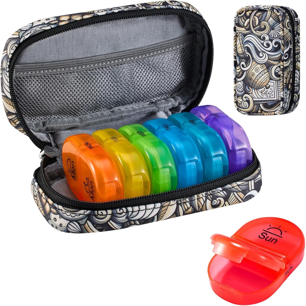 Serfeymi Wochenreise Pille Organizer 2 mal ein Tag AM Upgrade Regenbogen Pille Box 7 Tage mit tragbaren Reißverschluss PU Leder Pille Fall, Medizin Organizer für Pillen, Vitamine, Fischöle - Braun 03
