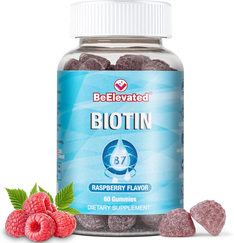 Gommies de biotine - Suppléments de croissance des cheveux et des ongles pour la santé et la beauté des femmes - Supplément à croquer pour la peau 10000 MCG - Flacon de framboise - (60 bouteilles de comptage)