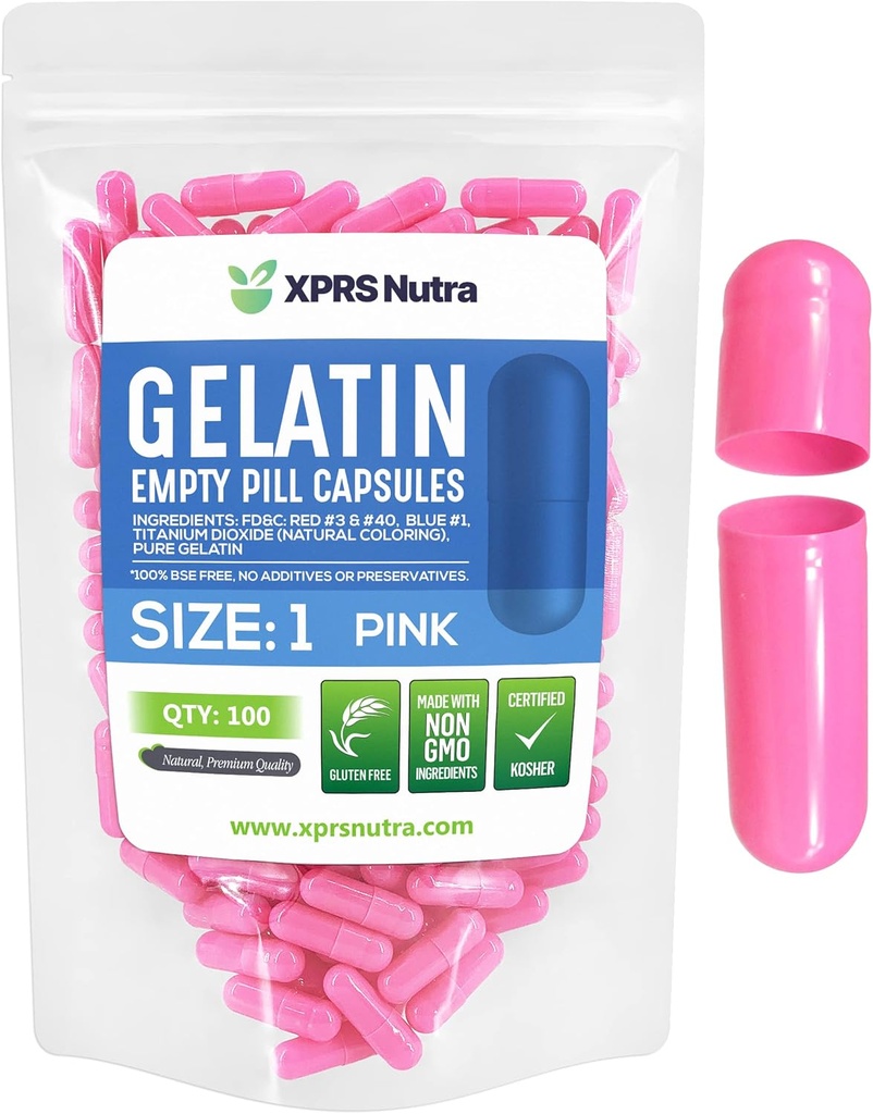 XPRS Nutra Größe 1 Leere Kapseln - 100 Graf Leere Gelatine Kapseln - Pillen für DIY Kapsel Füllung - Pure Bovine Pille Gel Kapseln für Do-It-Yourself Ergänzungen (Pink)