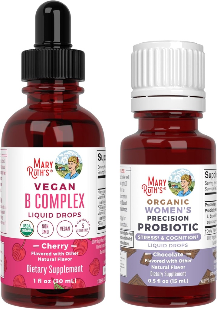MaryRuth Organics Stress & Cognition Probiotic (Chocolate) für Frauen & B Complex Drops | USDA Organic, Clean Label Project Verified® | Vitamins for Relaxation, Metabolism, & Health | Vegan, Gluten
