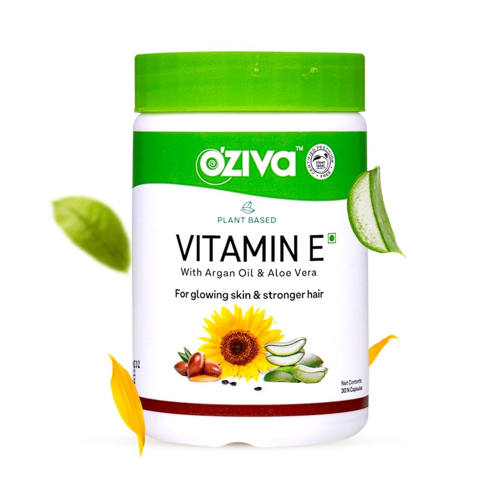 OZiva Pflanze basiert 100% natürliches Vitamin E + Aloe Vera + Argan Öl für glänzende Haut und stärkeres Haar, 30 Veg Kapseln, Non GMO