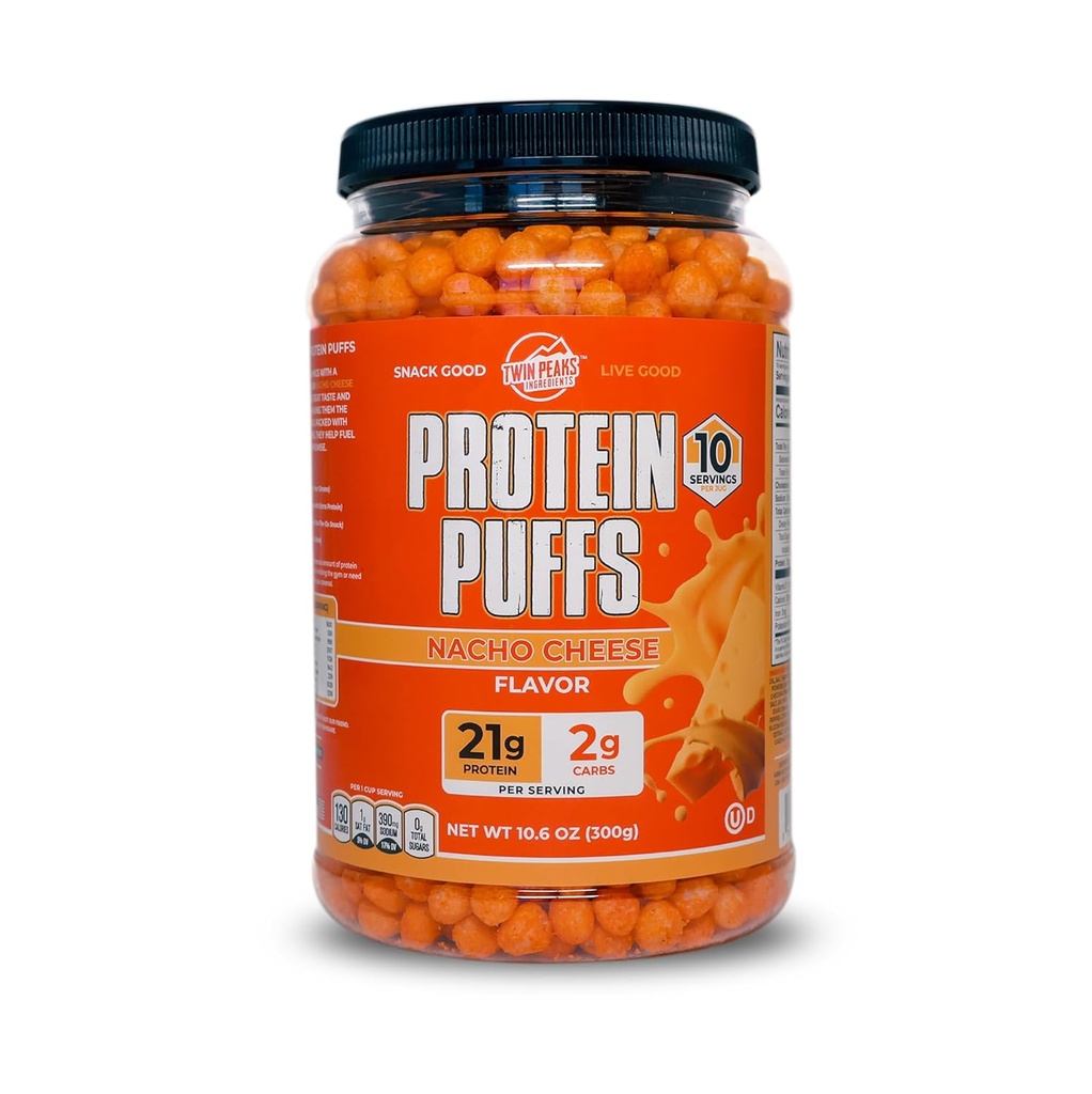 Twin Peaks Protein Puffs - (Nacho Cheese), Keto Friendly, Low Carb Snack (300g, 21g Protein, 2g Net Carbs, High Protein, Healthy Crunchy Snack)