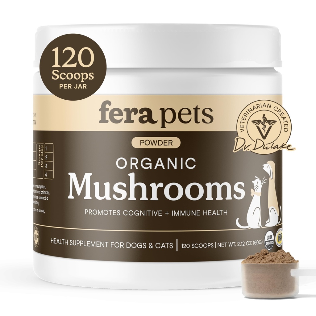Fera Pets Mushroom Supplement für Hunde & Katzen mit Türkei Tail - USDA Organic - Kognitive und Immununterstützung - Verbessert die Leberfunktion - Unterstützt ein gesundes Gut - Pulver - 120 Scoops