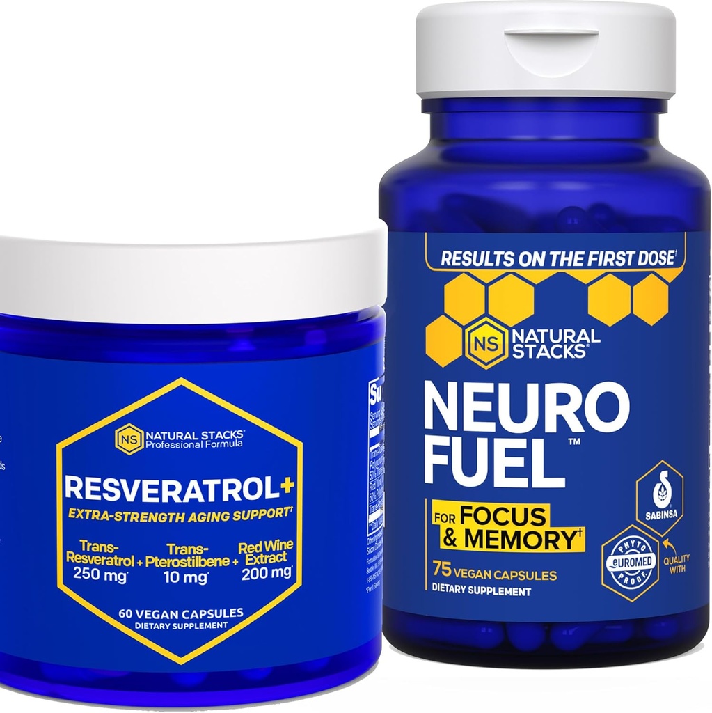 NATURAL STACKS NeuroFuel & Resveratrol+ Supplement Bundle - unterstützt Fokus, Memory & Healthy Brain Aging* - 135 Kapseln