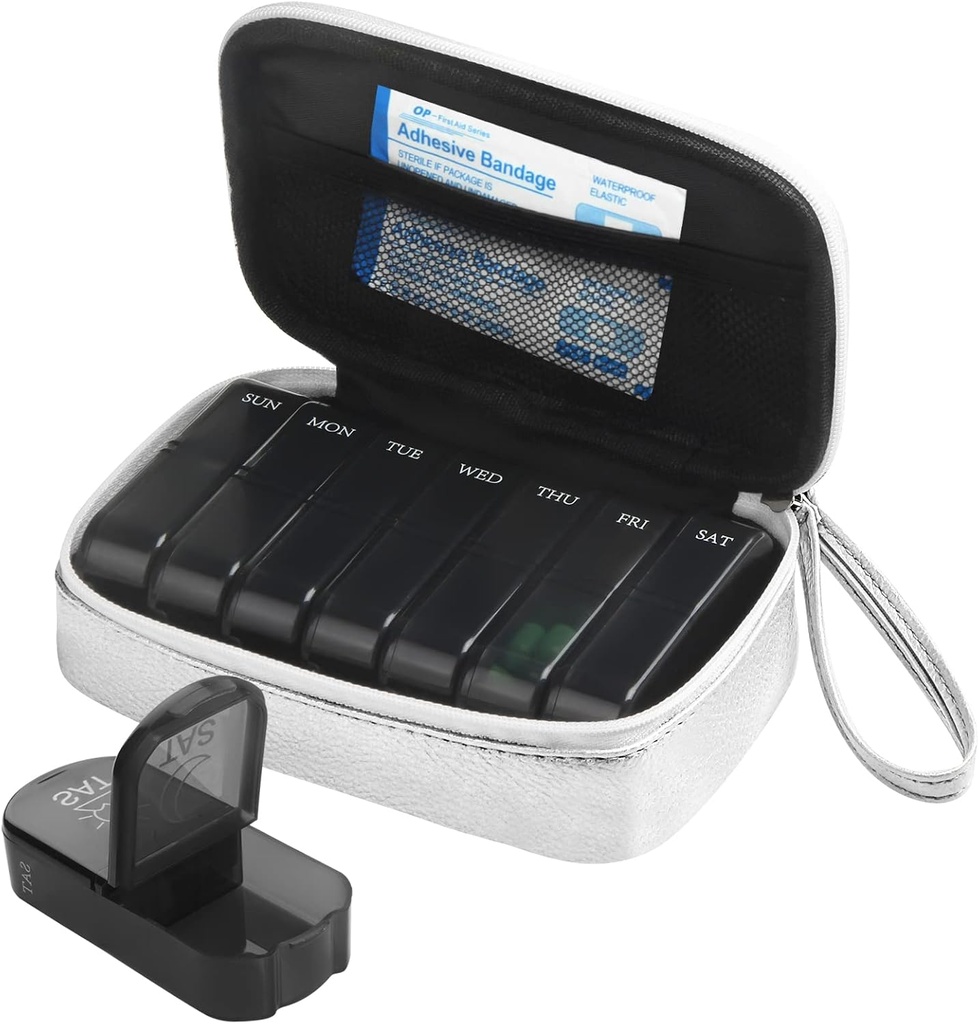Weekly PU Leather Pill Bag Organizer Case 2 Times a Day, AM PM Daily Pill Box to Hold Vitamin, Fish Oil, Supplements and Medicine (Silver)