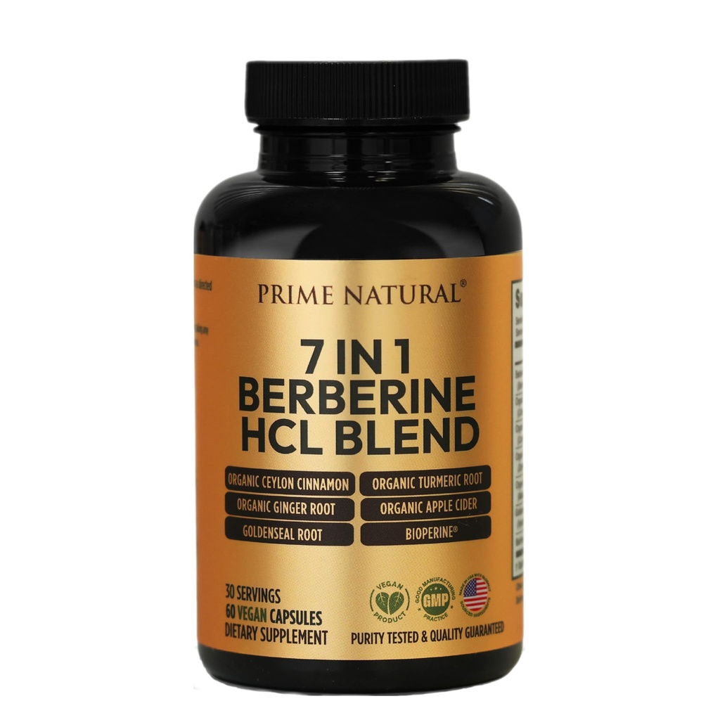 PRIME NATURAL Berberine HCI 600mg Bio Ceylon Cinnamon 400mg Bio Kurkuma 200mg Bio Ginger 130mg Bio Apfel Apfel Apfelessig 65mg Goldenseal Wurzel 6.5mg Bioperine 3mg | 60 Kapseln