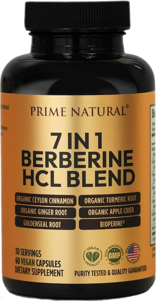 PRIME NATURAL Berberine HCI 600mg Bio Ceylon Cinnamon 400mg Bio Kurkuma 200mg Bio Ginger 130mg Bio Apfel Apfel Apfelessig 65mg Goldenseal Wurzel 6.5mg Bioperine 3mg | 60 Kapseln