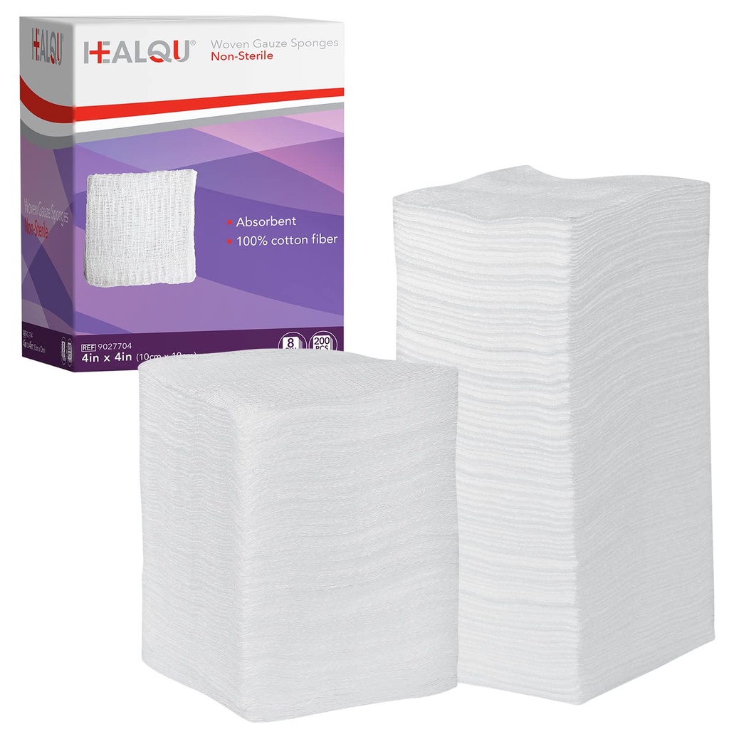 HEALQU 4x4 Gauze Pads - 12 Ply Woven Pack de 200 - Éponges chirurgicales ultra absorbantes non stériles pour le dressage, le débridement, le nettoyage et la préparation