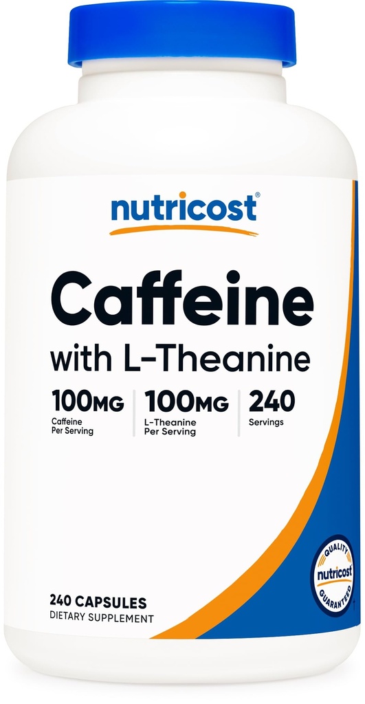 Nutricost-Koffein mit L-Theanin, jeweils 100 mg, 240 Kapseln, 240 Portionen - GVO-frei und glutenfrei