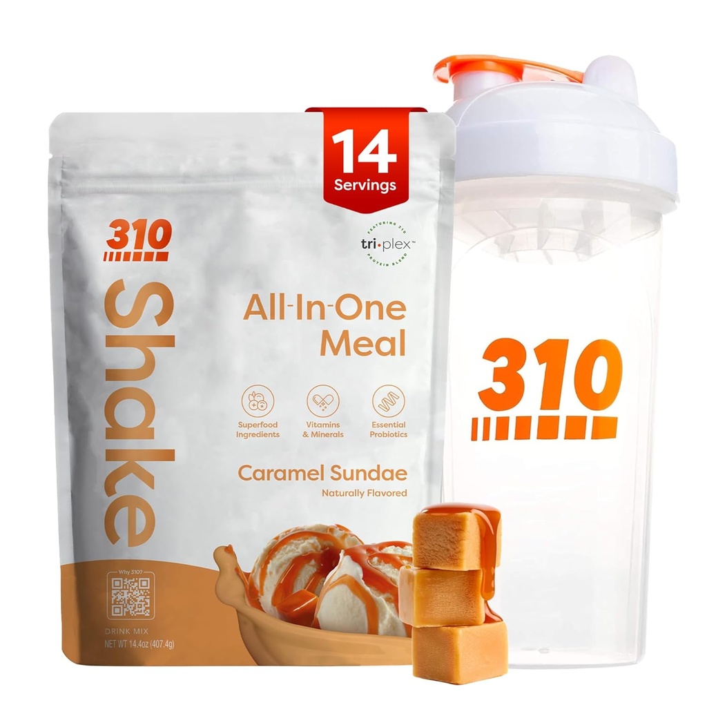 310 Nutrition All-in-One repas de remplacement Shake Powder w/Shaker Cup Starter Kit - Haute protéine fibre riche mélange végétalien Superfood - sans sucre, Keto & Paleo Friendly, Faible Carb - Caramel Sundae 14 srv