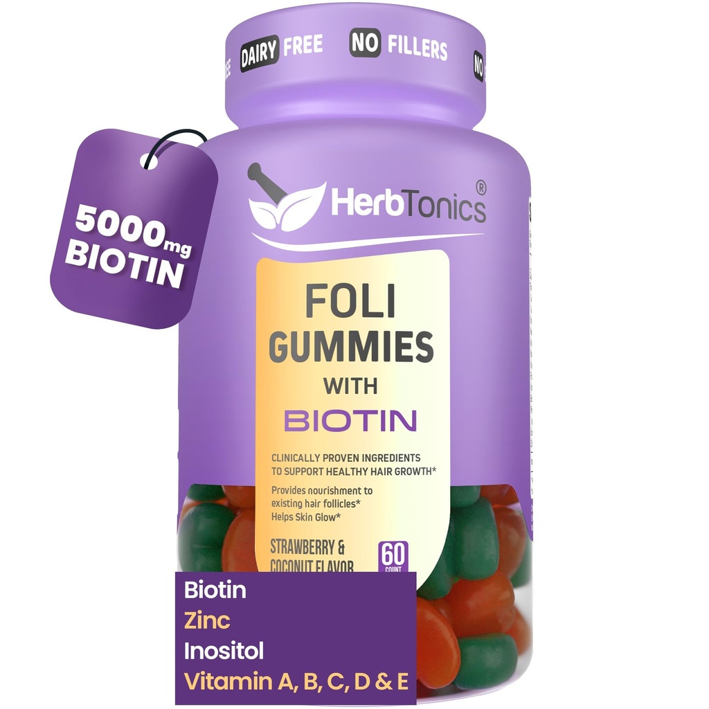 Herboronique Foli Biotin Gommies avec Vitamines capillaires.com Supplément de croissance capillaire pour les femmes et les hommes.com