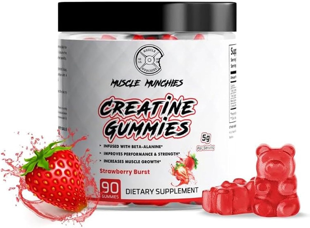 Muscle Munchies Creatine Kaugummis für Männer & Frauen-Infused mit Beta Alanine-5g von Creatine Per Serving-Increases Kraft, Ausdauer, & Recovery-Vegan, NonGMO (Strawberry Burst)