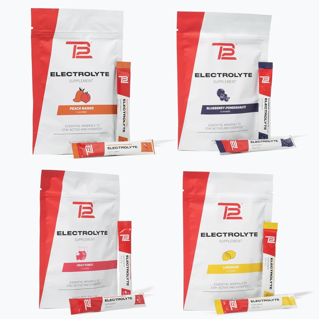 TB12 Elektrolytpulver für schnelle Hydration von Tom Brady, 4-Pack Stickpacks (Lemonade, Blueberry Pomegranate, Fruit Punch & Peach Mango), Natürlich, einfach zu mischen. Niedriger Zucker, Niedrige Kalorien (60 Servierungen)
