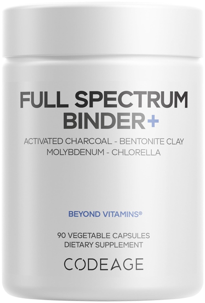 Codeage Binder + Systemische Bindemittelergänzung - Aktivkohle-Säulen, Bentonit Clay Mineralpulver, Fulvic & Huminsäuren, Molybdän, Kohlenstoff-Formen - 90 Kapseln