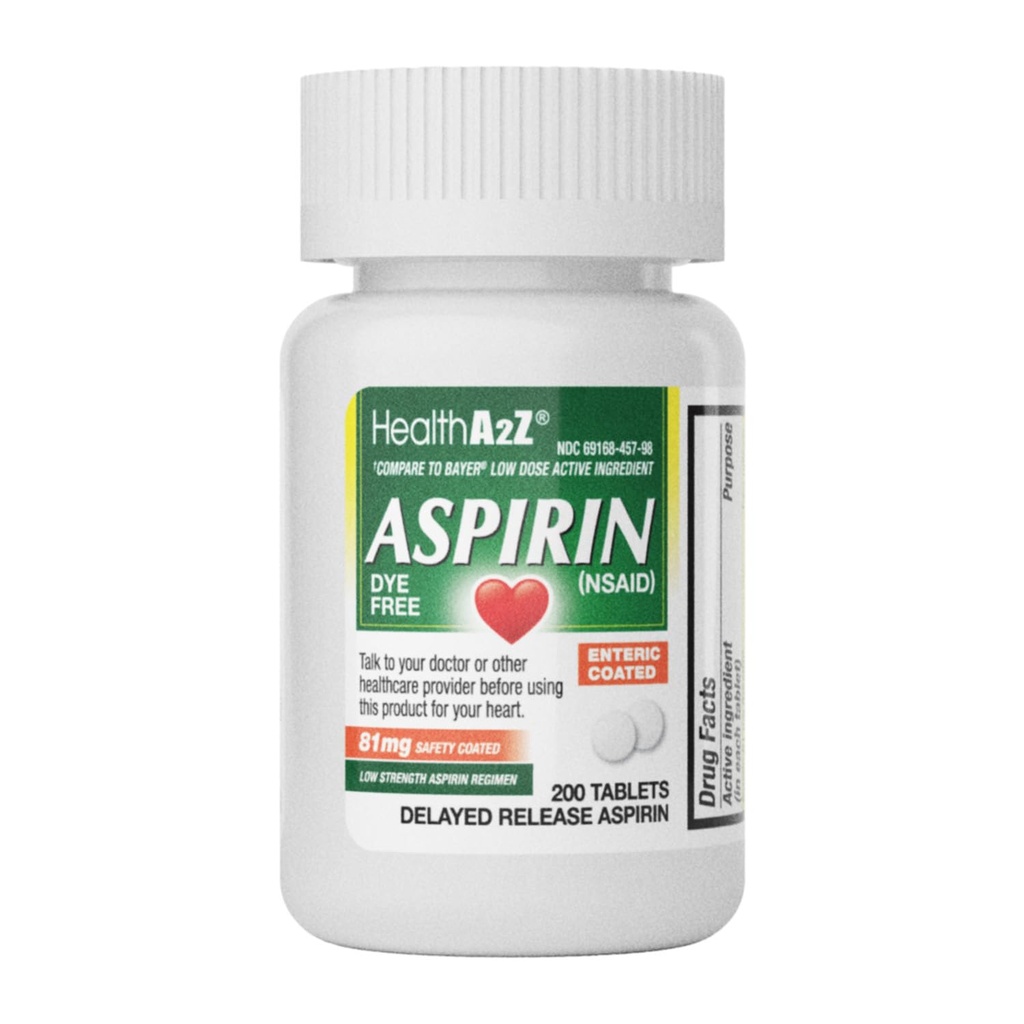 HealthA2Z® Aspirine 81 mg , sans DYE , faible résistance 200 comtes , soulagement de la douleur , réduit les douleurs musculaires mineures et les crampes , réducteur de fièvre , réduit les maux de tête