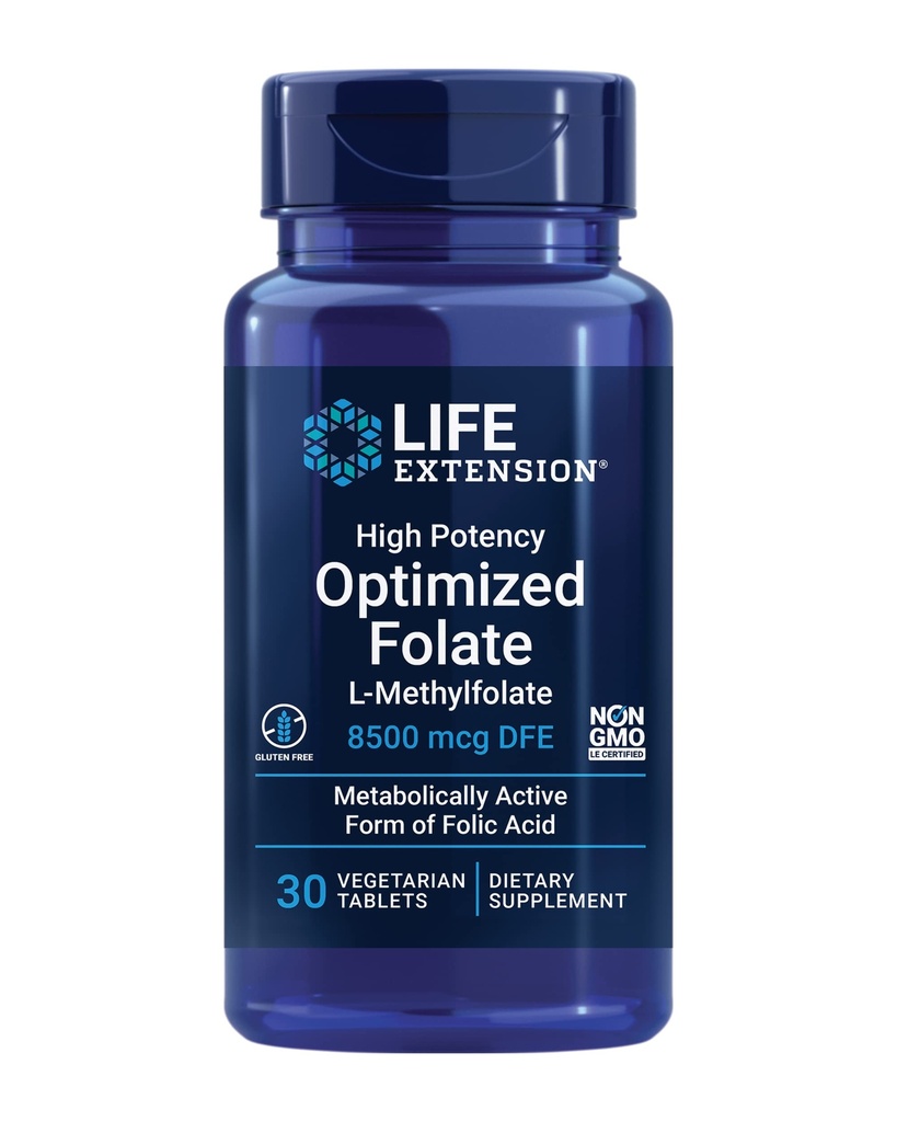 Life Extension High Potency Optimized Folate – L-Methylfolate – Folsäure, 8500 mcg DFE – Herz- und Hirnunterstützung, Gesunde Homocystein Levels – Glutenfrei, Non-GMO, Vegetarisch – 30 Tabletten