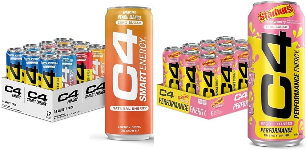 C4 Energy & Smart Energy Drinks Variety Pack, sans sucre avant l'entraînement Performance Drink & C4 Energy Drink, fraise STARBURST, sucre carboné sans sucre avant l'entraînement Performance Drink