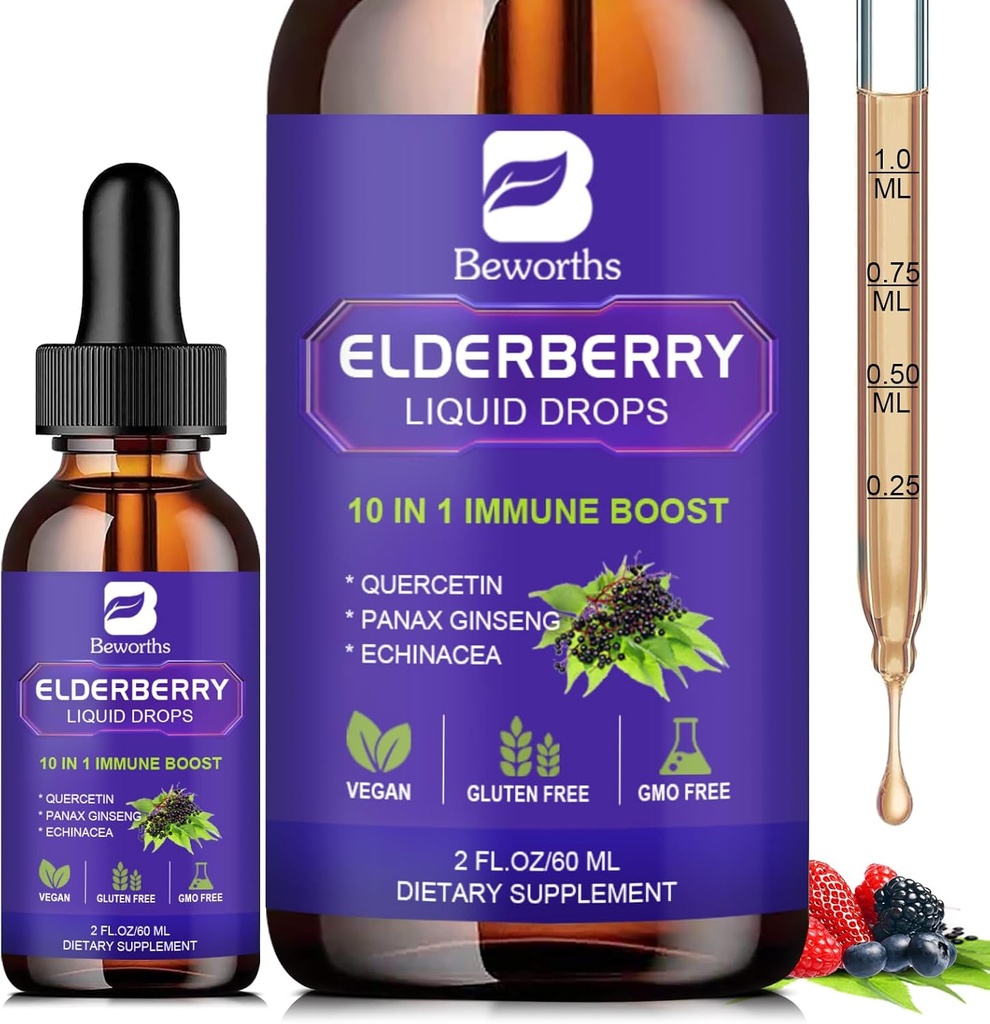 Elderberry Syrup Black Elderberry Tropfen mit Quercetin, Panax Ginseng, Vitamin C und Zink, Sambucus Elderberry Syrup Liquid, Vegan, Non-GMO & Gluten Kostenlos