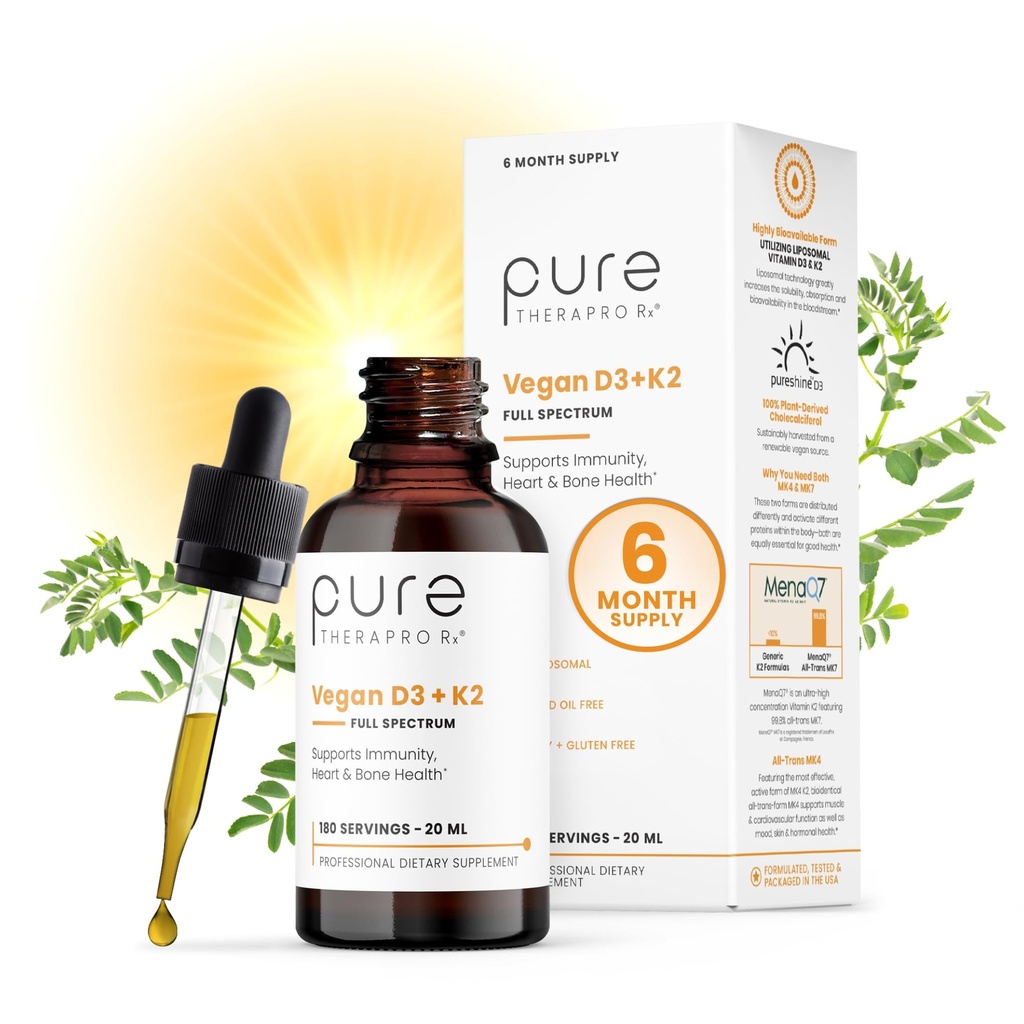 Pure Therapro Rx Vegan D3 + K2 Bio 100% Liposomal 20ml Made in USA | 6 Monat Versorgung | Maximum Absorption Vitamin D3 und Vitamin K2 Nahrungsergänzungsmittel für Männer und Frauen, D3 Vitamin 5000 IU