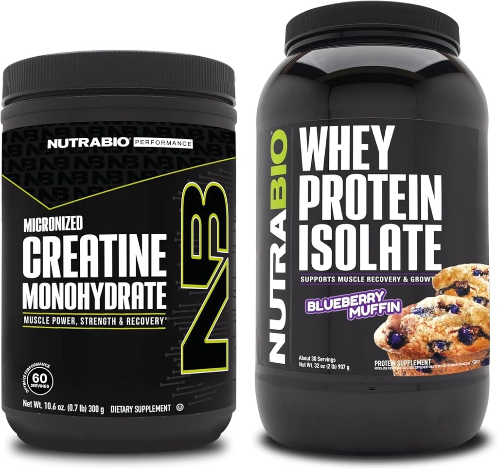 NutraBio Creatine Monohydrat, Unflavored, 300g und Whey Protein Isolate, Blueberry Muffin, Supplement Bundle - Muskelenergie, Lean Muskelwachstum, Erholung und Stärke